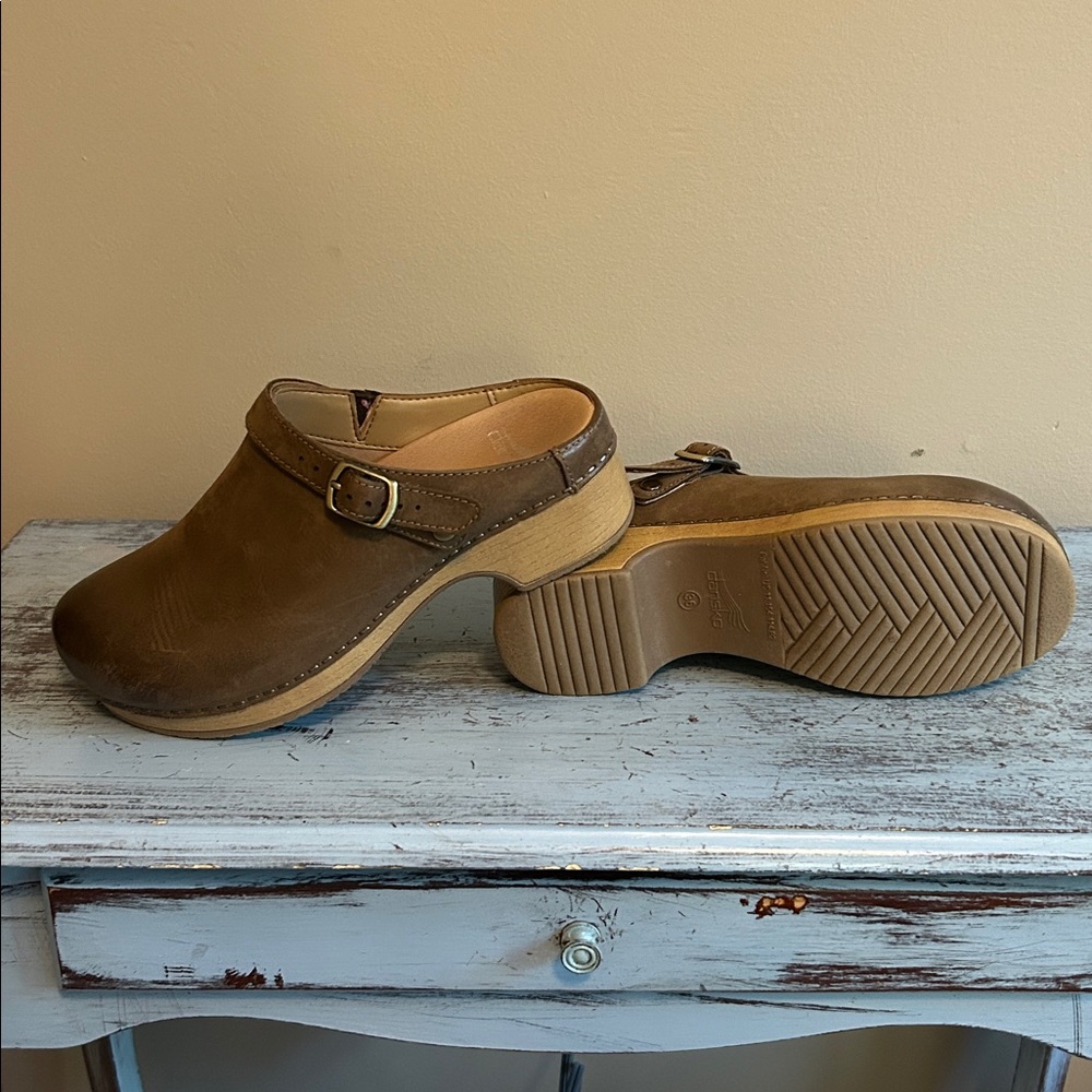Dansko Tan Leather Slip-On Clogs - Picture 2 of 5